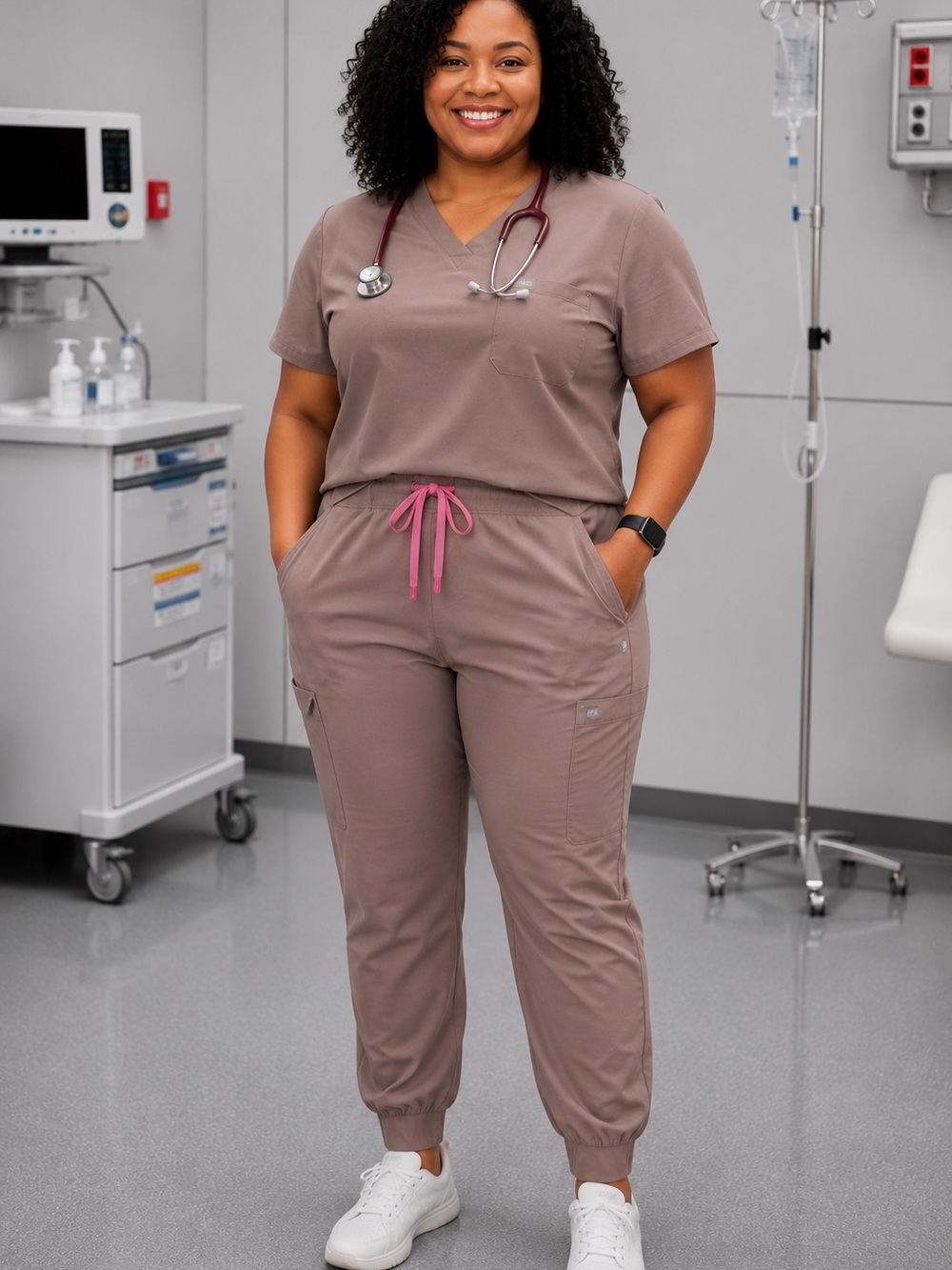 Figs Catrina Top and Zamora Women's Taupe Scrub jogger with Pink SET 3XL